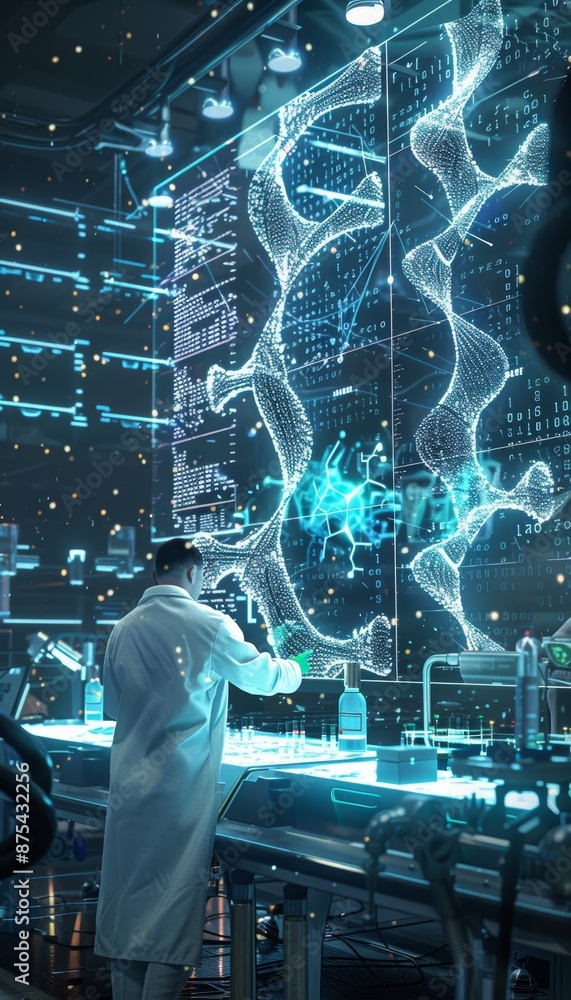 Poster futuristic genetic engineering lab with engineers creating synthetic dna sequences using advanced to
