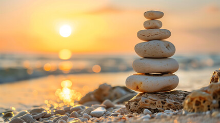 stone pyramid by the sea, relaxing scene, created with generative AI technology