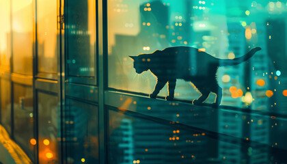 cat walking on the glass wind .Created using generative AI
