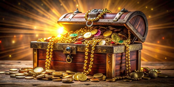 A ornate, old treasure chest overflowing with glittering gold coins and precious jewels, symbolizing the biblical concept of treasure being in the heart.