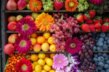 Colorful Fresh Fruits and Flowers Display