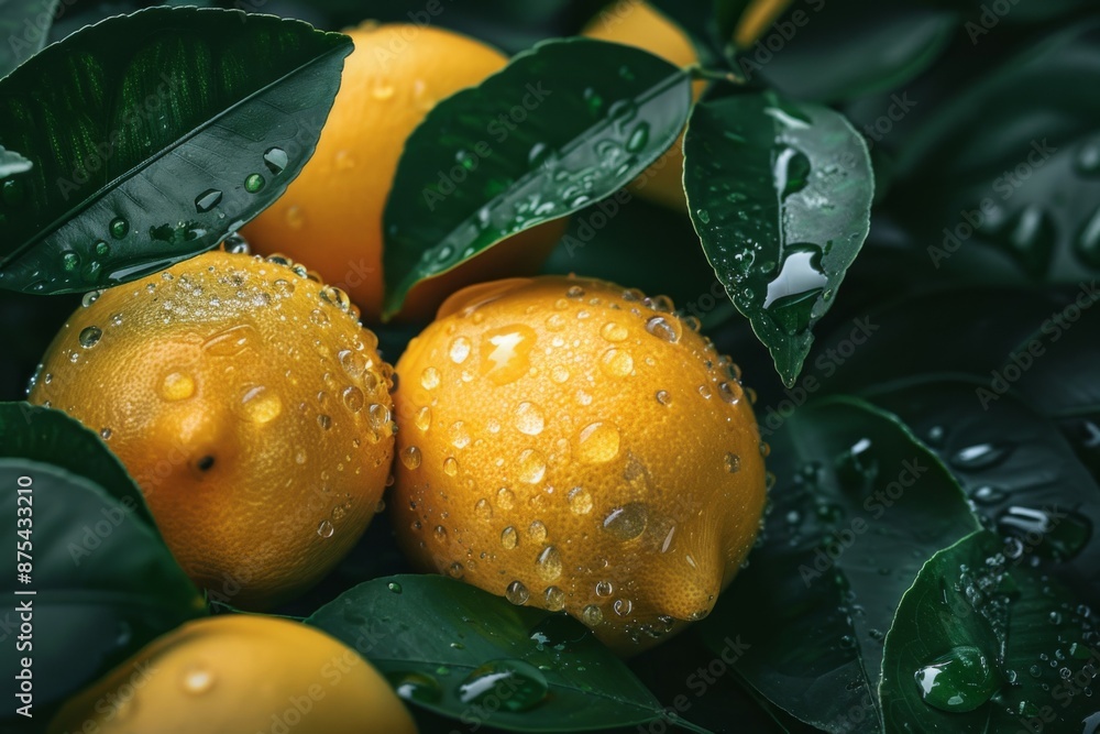 Canvas Prints Fresh Lemons with Water Droplets on Green Leaves