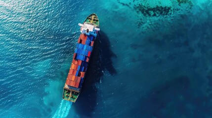 Aerial perspective of a container ship in deep blue waters, representing international shipping logistics