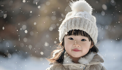 a cute girl playing in the snow wearing a white cap .Created using generative AI
