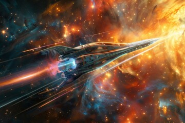 Spaceship traveling through a nebula