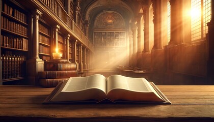 An open Bible in an ancient library