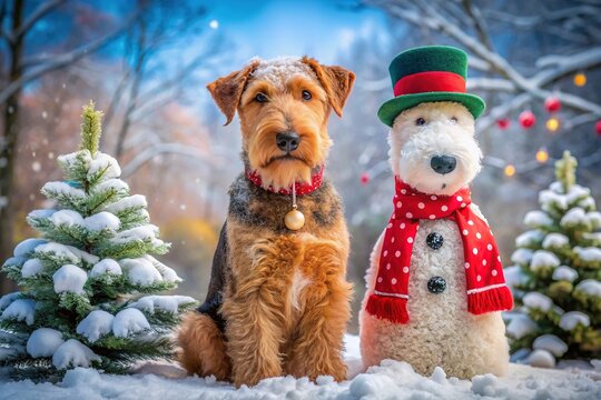 Adorable airedale terrier wearing Santa hat and scarf, standing next to a cheerful snowman, surrounded by colorful winter wonderland elements and festive holly leaves.