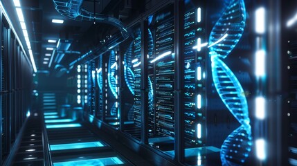 Futuristic Data Center with Integrated DNA Strands Symbolizing Advanced Data Storage Technology