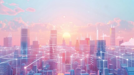 Fototapeta premium Futuristic cityscape with global digital links, urban connectivity, pastel colors, [future city]