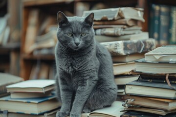 Cat in Library with Vintage Books