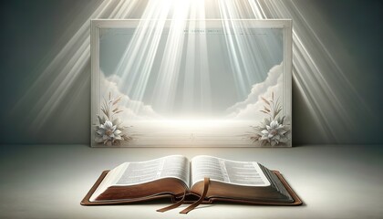 An open Bible and a frame with flowers for inserting text in a sunbeam