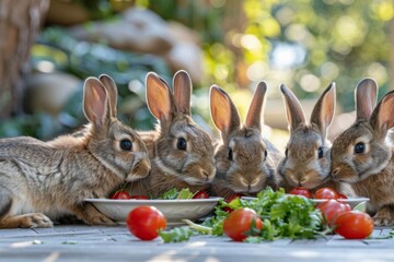 Obraz premium Bunnies Eating Vegetables Outdoors