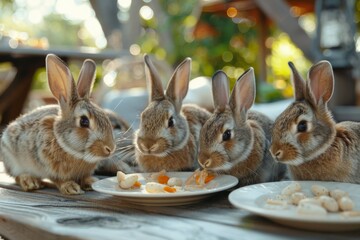 Fototapeta premium Four Cute Rabbits Eating Together