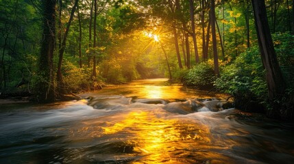 Obraz premium A tranquil river flowing through a dense forest at sunset, with golden light filtering through the trees.