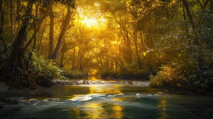 A tranquil river flowing through a dense forest at sunset, with golden light filtering through the trees.
