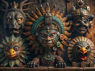 mayan aztec totems, ancient mexican, birds, animals
