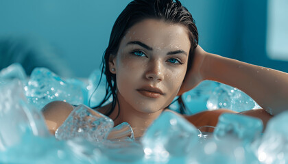 beautiful women in ice bathtub full of cubes profess .Created using generative AI