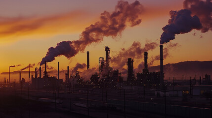 Obraz premium An industrial plant against the background of a fading sky, blowing clouds of smoke against the background of a fading sky. Concept of industrial progress and ecology.