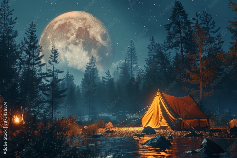 Sticker Camping Under a Moonlit Forest Sky