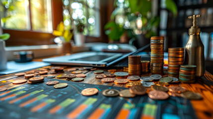 Close-up of a wooden table with stacks of coins and documents. Investments, real estate documents, shares. Income growth. Business concept.