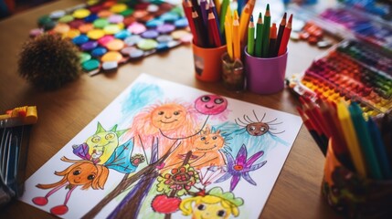 children's drawing and pencils on the table