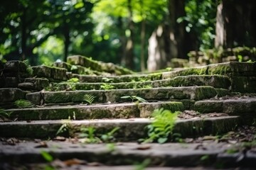 Realistic photo of an ancient stone staircase in the forest