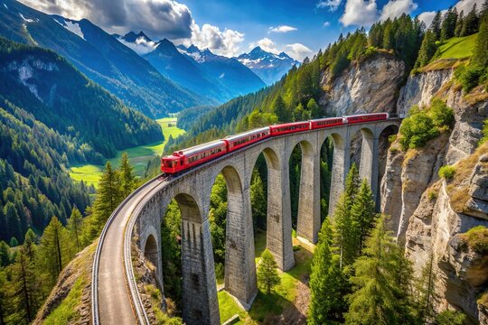 Vibrant red train traverses iconic Landwasser Viaduct bridge, surrounded by lush green mountains and serene valley, in the Albula/Bernina region of Switzerland, Europe.