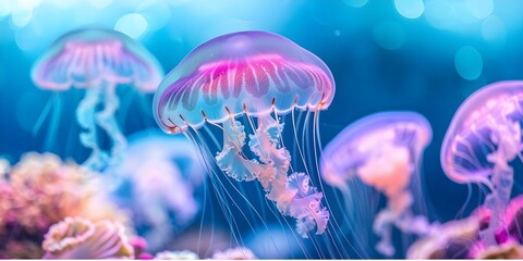 Exploring a Jellyfish Gathering in the Blue Sea with Coral Reef, Starfish, and Pink Lights. Concept Underwater Photography, Marine Life, Ocean Ecosystem, Underwater Exploration, Vivid Colors