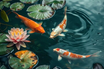 Colorful Koi Fish in Tranquil Pond with Water Lilies
