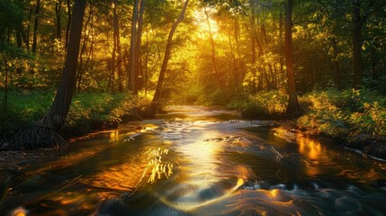 Fototapeta premium A tranquil river flowing through a dense forest at sunset, with golden light filtering through the trees.