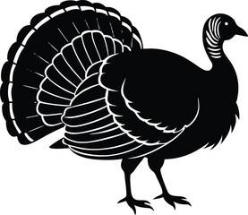 Turkey cock bird animal silhouette, wild turkey black silhouette vector art, thanksgiving turkey 
