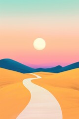Surreal desert landscape with a winding path, sand dunes, and a vibrant sunset sky, blending pastel hues into a calming scene.