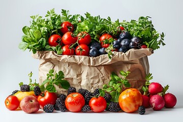 Fresh vegetables falling into the paper bag. vegetables and fruits on white. Shopping food supermarket concept.