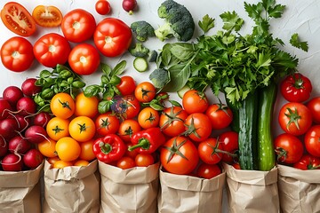 Fresh vegetables falling into the paper bag. vegetables and fruits on white. Shopping food supermarket concept.