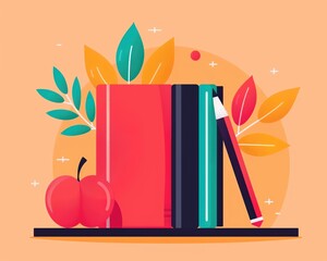 Illustration of books, pencil and an apple on a shelf with vibrant leaves in the background, symbolizing education and learning.