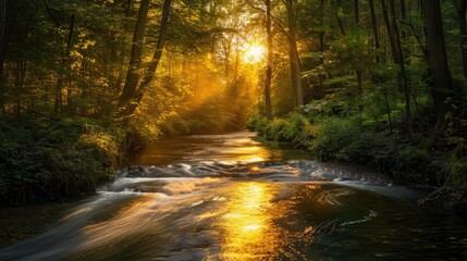 Obraz premium A tranquil river flowing through a dense forest at sunset, with golden light filtering through the trees.