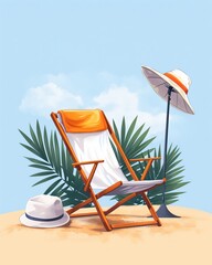 Illustration of a beach chair, hat, and umbrella on sandy shore with palm leaves and blue sky background. Ideal for summer and vacation themes.
