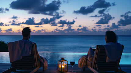 Fototapeta premium Couple relaxing on lounge chairs after dinner, soft blankets and ocean view, upper third copy space