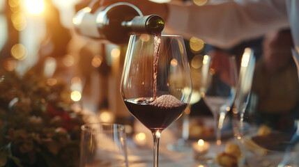 Chef pouring wine for the couple, elegant glasses and sophisticated ambiance, bottom third copy space