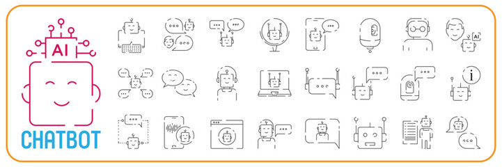 Fototapeta premium Robot icon. Chatbot line icon set. Cute smiling bot. Outline robot sign. Vector flat line cartoon illustration. Voice support service bot. Virtual online support