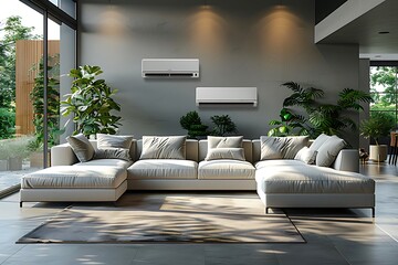 Energy efficient air conditioner with fresh natural in a modern living room.