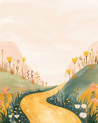 Whimsical landscape illustration with a golden path winding through colorful flowers and grassy hills under a pastel sky.