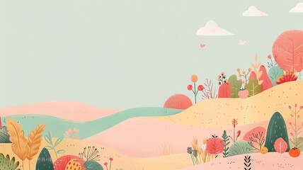 Whimsical landscape illustration with colorful trees, hills, and clouds against a pastel sky. Perfect for children's books or playful designs.