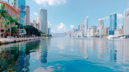 Fototapeta premium A vibrant urban waterfront scene showcasing a modern city skyline with a mix of tall, contemporary skyscrapers and colorful buildings reflected in the calm, clear blue waters. The cityscape is enhance