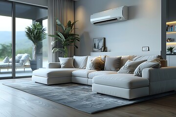 Energy efficient air conditioner with fresh natural in a modern living room.