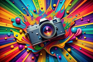 Vibrant pop art illustration of a colorful camera seen from above, surrounded by creative bursts and abstract shapes, celebrating World Photography Day.