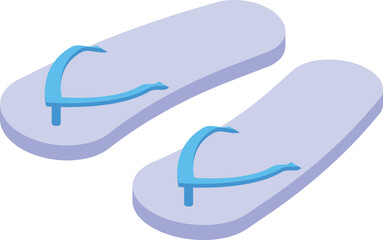 Pair of blue flip flops lying on sand, isometric view of summer footwear for beach