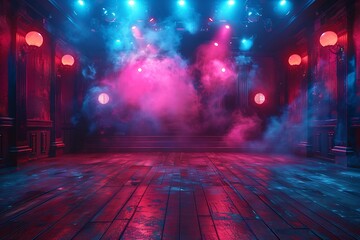 Empty dance floor on club stage under colorful spotlights and disco balls, emitting retro vibe, inviting electrifying dance show or concert, blending classic theatre ambiance with modern entertainment