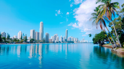 Naklejka premium A stunning coastal cityscape featuring tall, modern skyscrapers reflected in calm, clear blue waters under a bright, sunny sky. The serene scene is enhanced by lush, tropical palm trees lining the sho