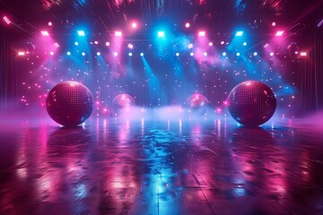 Empty dance floor on club stage under colorful spotlights and disco balls, emitting retro vibe, inviting electrifying dance show or concert, blending classic theatre ambiance with modern entertainment